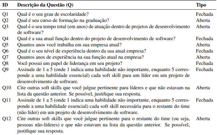 questões do questionário do estudo