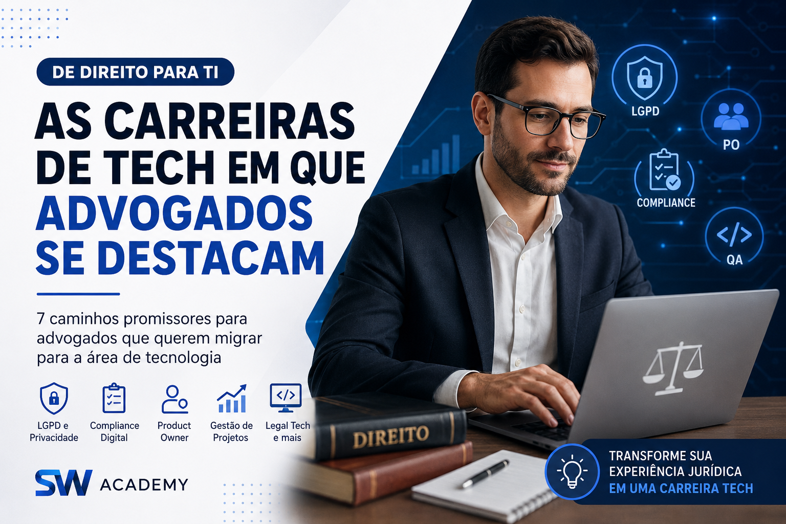 Advogado utilizando um notebook em um ambiente tecnológico, com elementos visuais relacionados a LGPD, compliance, Product Owner, QA e gestão de projetos. A imagem destaca a transição de carreira do Direito para a Tecnologia e apresenta o título "As carreiras de tech em que advogados se destacam", com identidade visual do SW Academy.