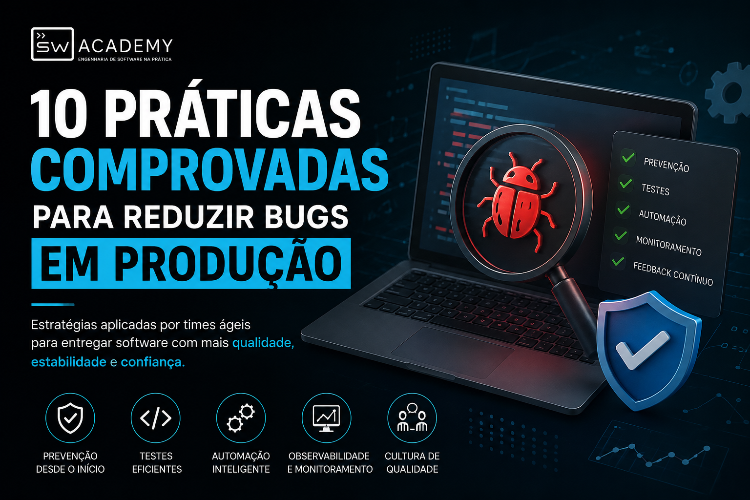 Ilustração sobre redução de bugs em produção mostrando notebook com código, lupa destacando um bug, checklist de testes e elementos de qualidade de software para o artigo "10 Práticas Comprovadas para Reduzir Bugs em Produção" do SW Academy.