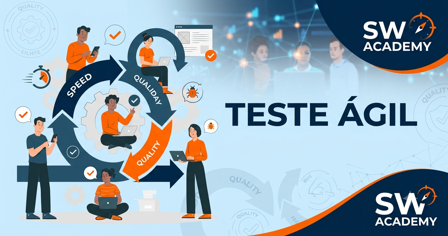 Ilustração sobre Teste Ágil com o logotipo da SW Academy nos cantos superior e inferior direitos. Do lado esquerdo, pessoas trabalhando com notebooks ao redor de um fluxo circular com setas pretas e laranjas que contêm as palavras "SPEED" e "QUALITY". Do lado direito, o título em destaque com o texto "TESTE ÁGIL" em letras maiúsculas escuras sobre um fundo azul claro com elementos de conexões tecnológicas.