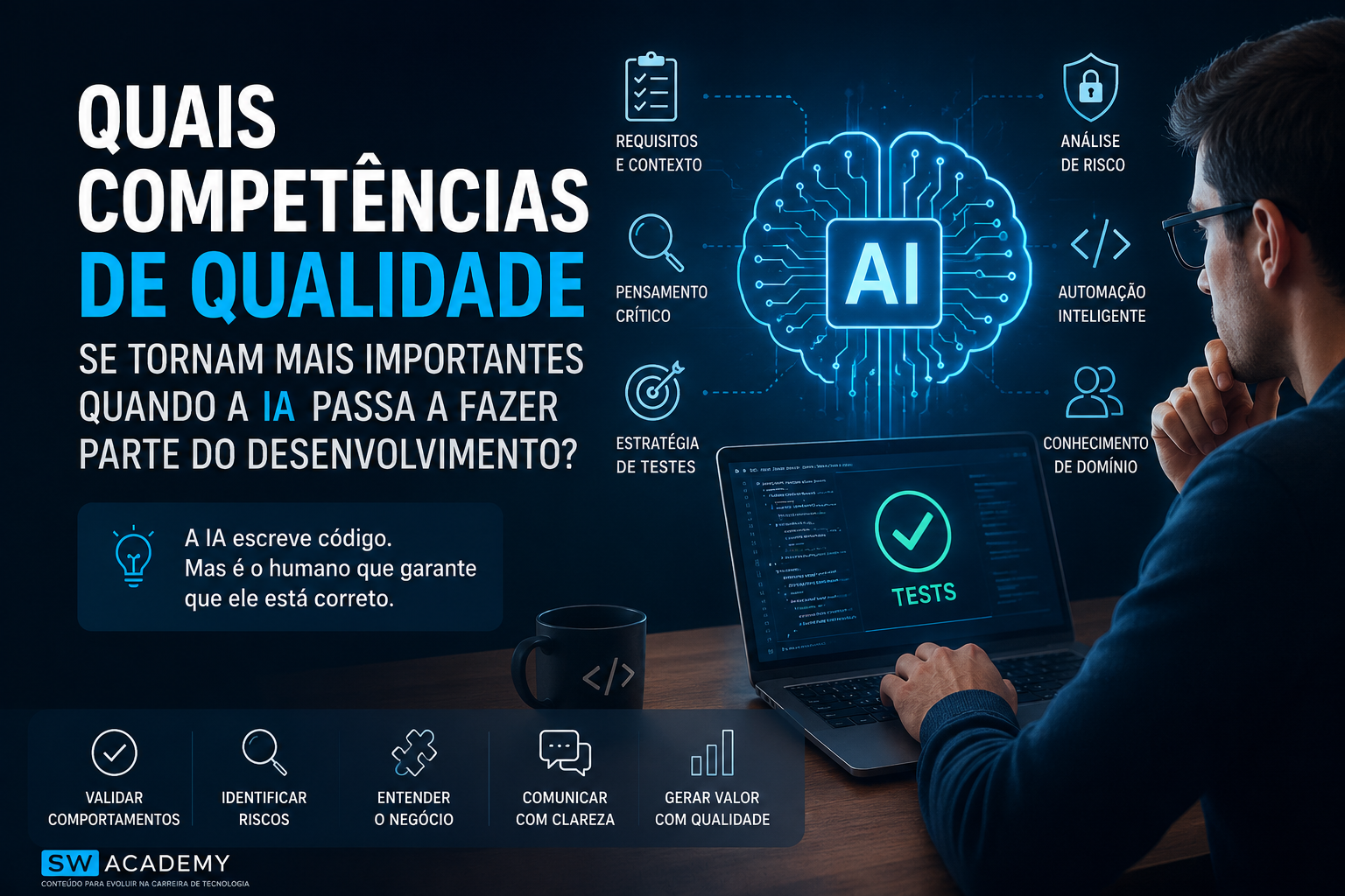 Banner sobre competências de qualidade no desenvolvimento de software com IA, destacando pensamento crítico, estratégia de testes, análise de riscos, automação inteligente e conhecimento de domínio.