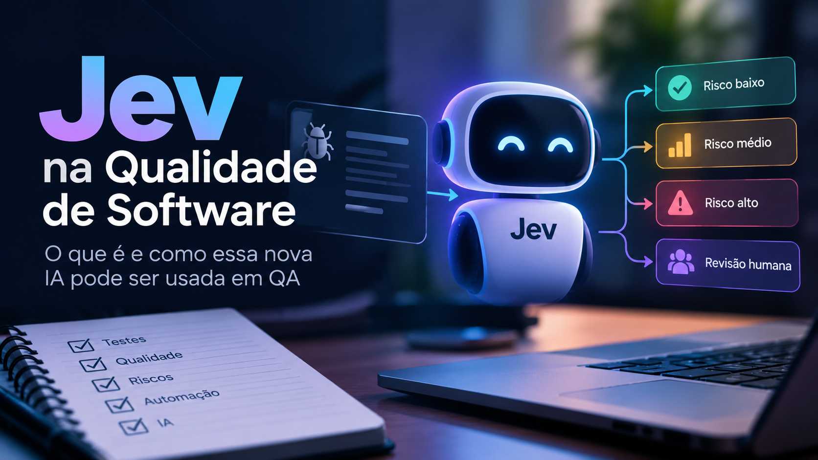 Ilustração sobre Jev na Qualidade de Software, mostrando uma IA avaliando riscos e decisões para apoiar profissionais de QA e testes de software.
