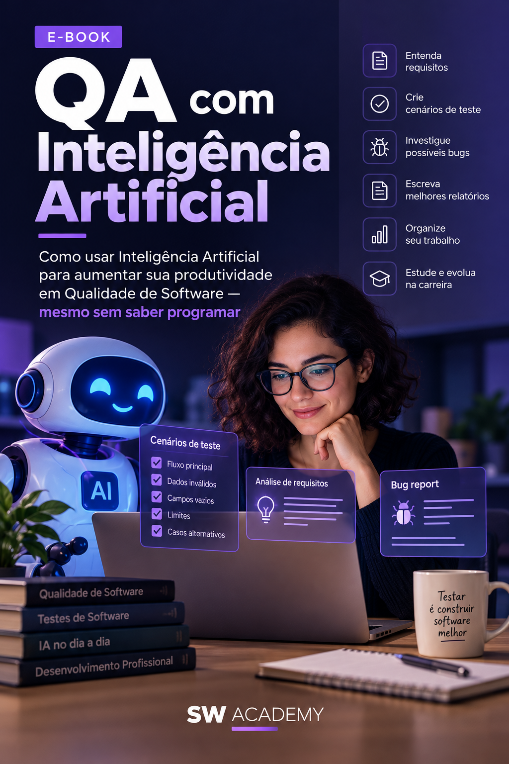 Capa do e-book QA com Inteligência Artificial, do SW Academy, com foco no uso de IA para analisar requisitos, criar cenários de teste, investigar bugs e aumentar a produtividade em Qualidade de Software, mesmo sem saber programar.